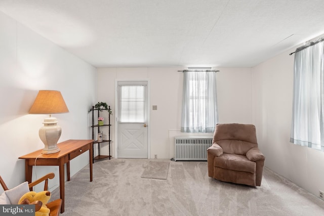 sitting room featuring radiator and carpet flooring