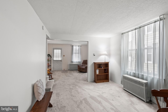 interior space featuring carpet flooring, radiator, and a textured ceiling