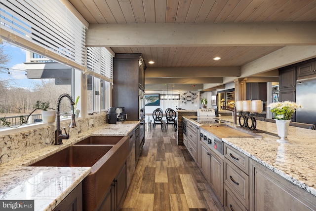 kitchen featuring a sink, beam ceiling, wooden ceiling, and dark wood-style flooring