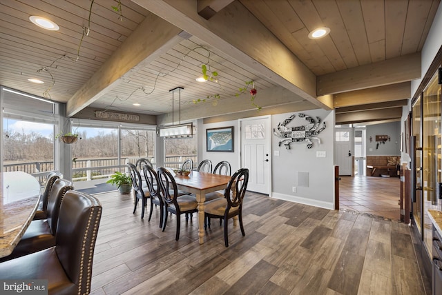 dining area with beam ceiling, wood ceiling, and wood finished floors