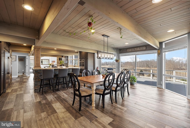 dining area with recessed lighting, beam ceiling, wood ceiling, and wood finished floors