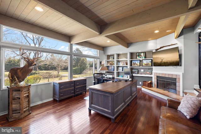 office space with wood ceiling, beamed ceiling, dark wood-style floors, and baseboards