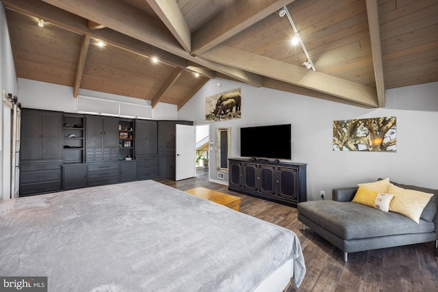 bedroom with beam ceiling, wood ceiling, and dark wood-style flooring