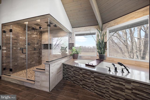 full bathroom featuring a stall shower, lofted ceiling with beams, wooden ceiling, a bath, and wood tiled floor