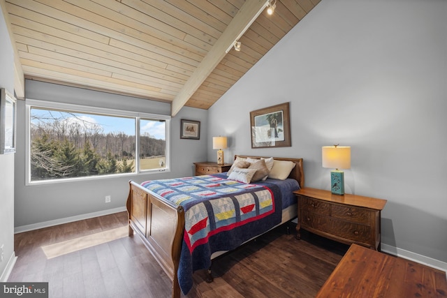 bedroom with wood ceiling, vaulted ceiling with beams, wood finished floors, and baseboards