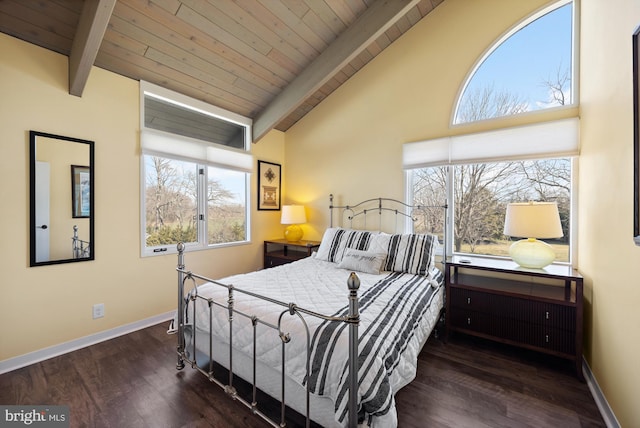 bedroom with baseboards, beam ceiling, wood finished floors, and wooden ceiling