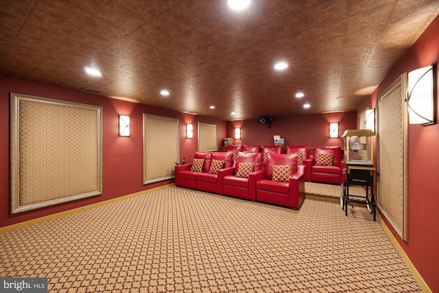 cinema featuring recessed lighting, carpet, and baseboards