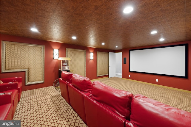 home theater featuring recessed lighting and carpet floors