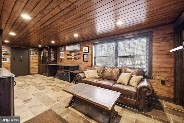 living room featuring recessed lighting, an AC wall unit, wooden walls, and wood ceiling