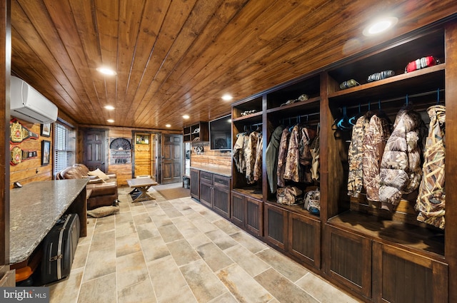 mudroom with a wall unit AC, recessed lighting, and wooden ceiling