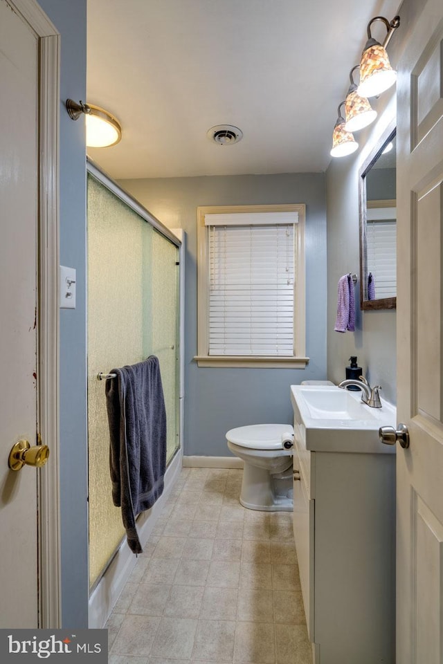 full bath with vanity, toilet, visible vents, and a stall shower