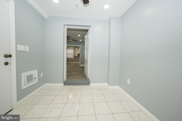 unfurnished room featuring baseboards, recessed lighting, visible vents, and ceiling fan