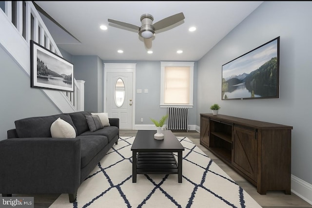 510 Woodcliffe Rd, Upper Darby, PA 19082 - living area featuring radiator, ceiling fan, recessed lighting, and light wood-style flooring