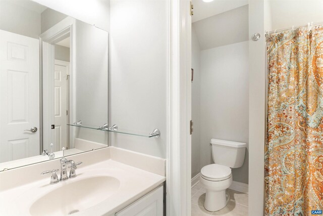 3535 Foxwood Dr, Barboursville, VA 22923 - bathroom with a shower with curtain, toilet, tile patterned flooring, baseboards, and vanity