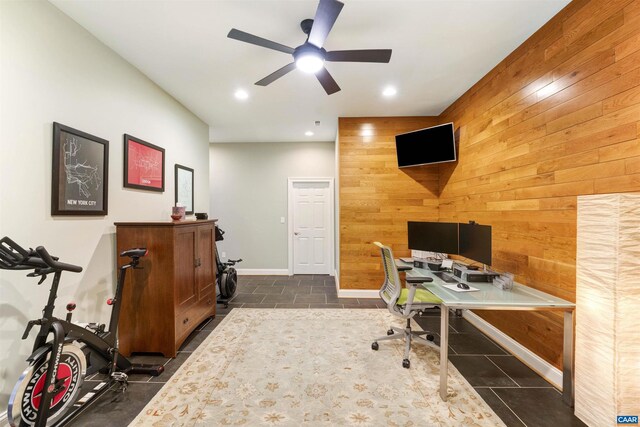 3535 Foxwood Dr, Barboursville, VA 22923 - office area with recessed lighting, baseboards, wood walls, and a ceiling fan