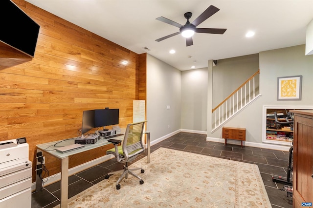 3535 Foxwood Dr, Barboursville, VA 22923 - home office with baseboards, ceiling fan, wood walls, recessed lighting, and tile patterned floors