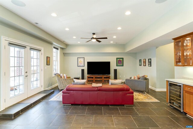 3535 Foxwood Dr, Barboursville, VA 22923 - living area with recessed lighting, baseboards, wine cooler, and a bar