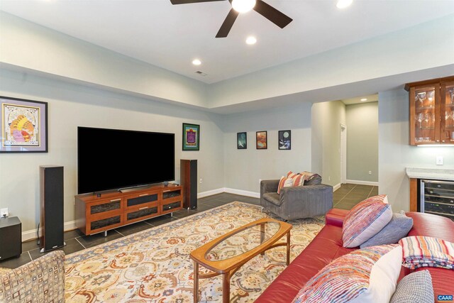 3535 Foxwood Dr, Barboursville, VA 22923 - tiled living area with visible vents, baseboards, recessed lighting, ceiling fan, and a dry bar