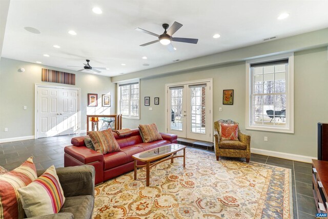 3535 Foxwood Dr, Barboursville, VA 22923 - living area featuring recessed lighting, visible vents, baseboards, and a ceiling fan