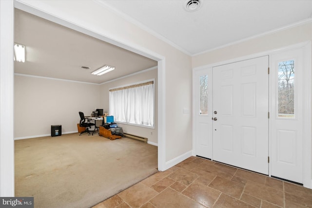 entryway with visible vents, stone finish flooring, baseboards, carpet floors, and ornamental molding