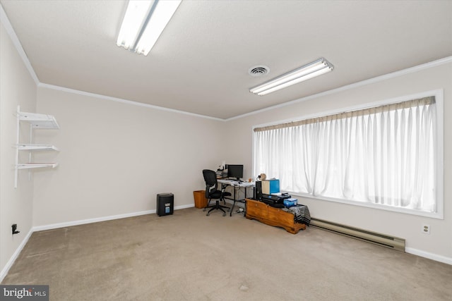 carpeted office featuring baseboards, visible vents, baseboard heating, and ornamental molding