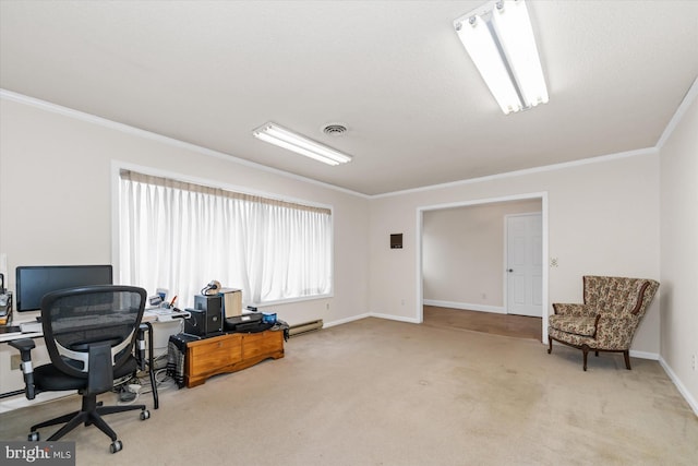 carpeted home office featuring visible vents, baseboards, and ornamental molding