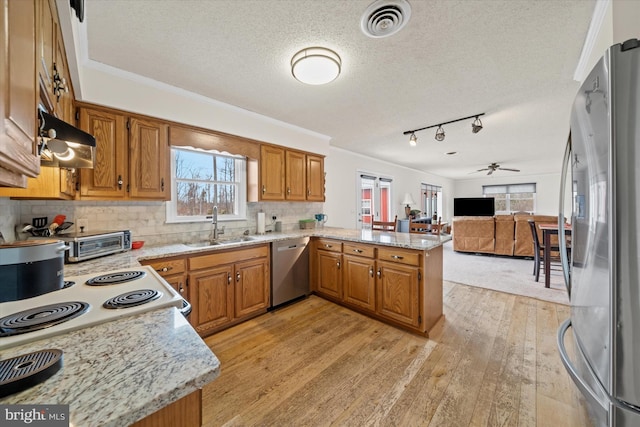 kitchen featuring a sink, appliances with stainless steel finishes, a peninsula, light wood finished floors, and decorative backsplash