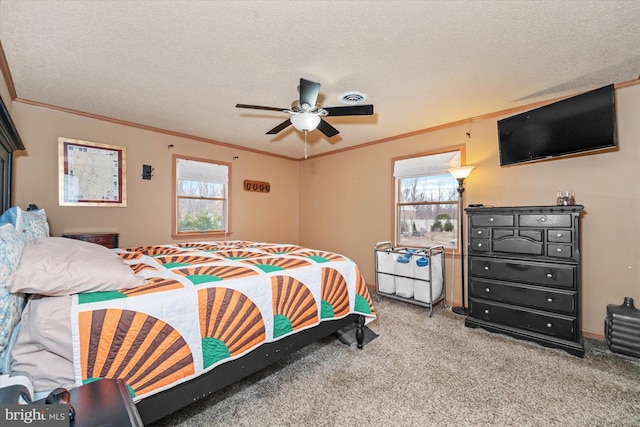 bedroom with multiple windows, carpet, and a textured ceiling