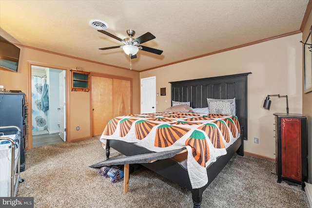 carpeted bedroom with visible vents, crown molding, baseboards, a textured ceiling, and a ceiling fan