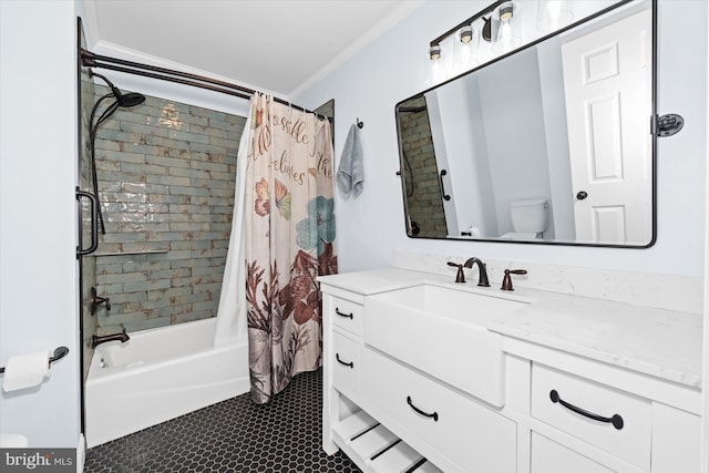 full bath featuring vanity, shower / bath combo, ornamental molding, tile patterned floors, and toilet