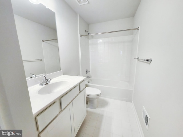 full bathroom featuring vanity, shower / bathing tub combination, toilet, and visible vents