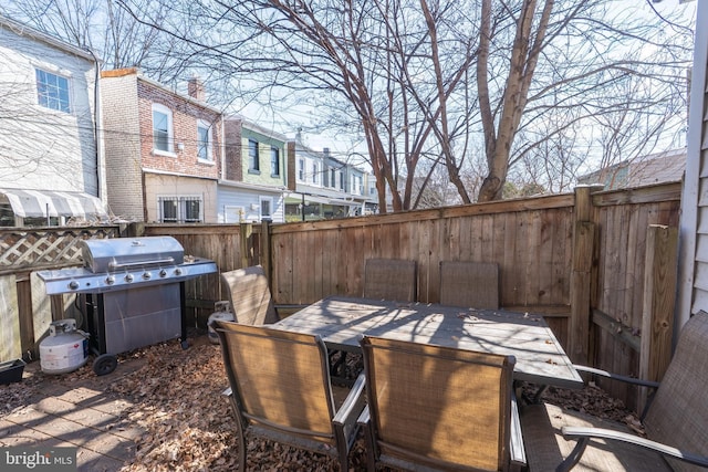 view of patio featuring grilling area, a residential view, outdoor dining area, and a fenced backyard