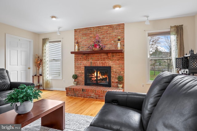 living room with light wood-style flooring, a fireplace, and a healthy amount of sunlight