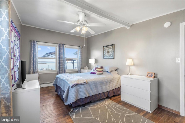 bedroom with beam ceiling, hardwood / wood-style flooring, baseboard heating, and ornamental molding