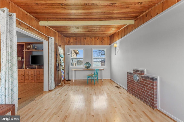 interior space with wood-type flooring and wooden ceiling