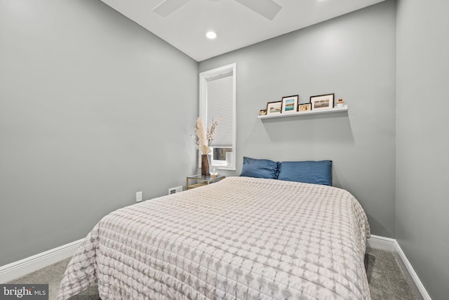 carpeted bedroom with recessed lighting, baseboards, and ceiling fan