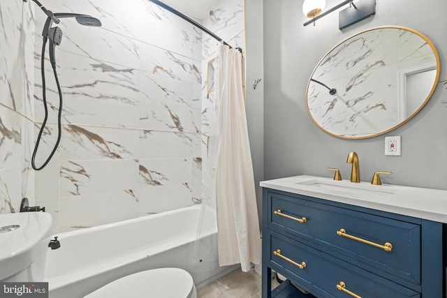 bathroom with toilet, vanity, and shower / bathtub combination with curtain