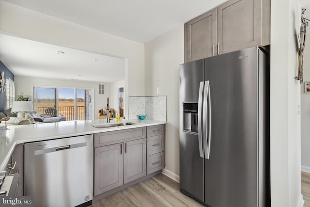 kitchen featuring gray cabinets, a sink, light countertops, appliances with stainless steel finishes, and tasteful backsplash