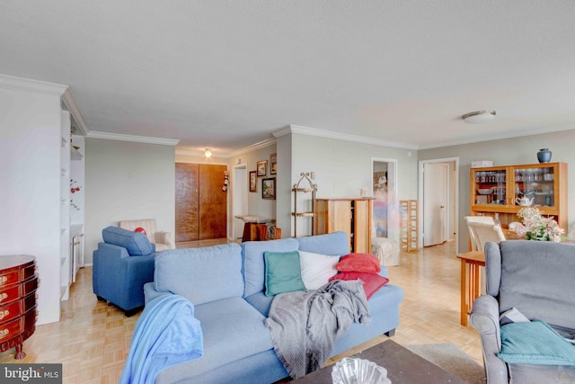 living room featuring crown molding