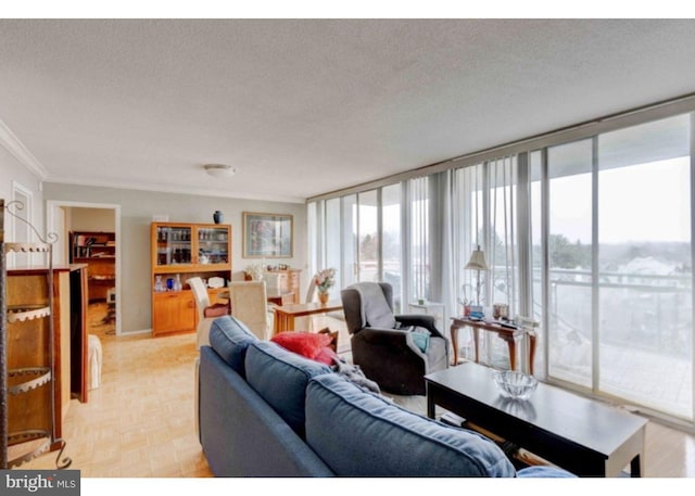 living area featuring crown molding, floor to ceiling windows, and a textured ceiling