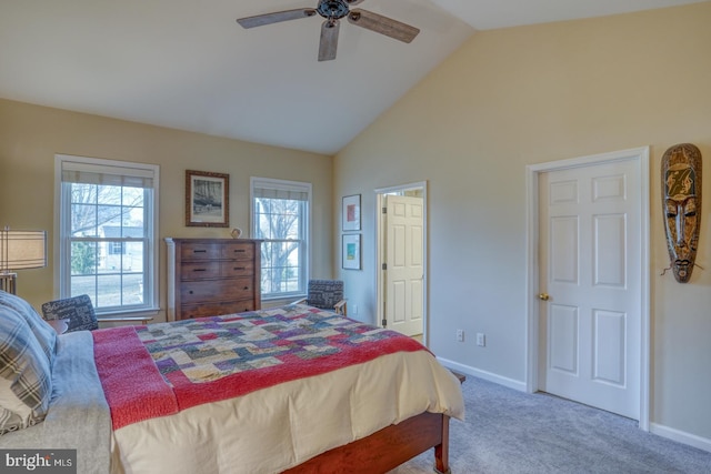 bedroom with a ceiling fan, carpet, baseboards, and high vaulted ceiling