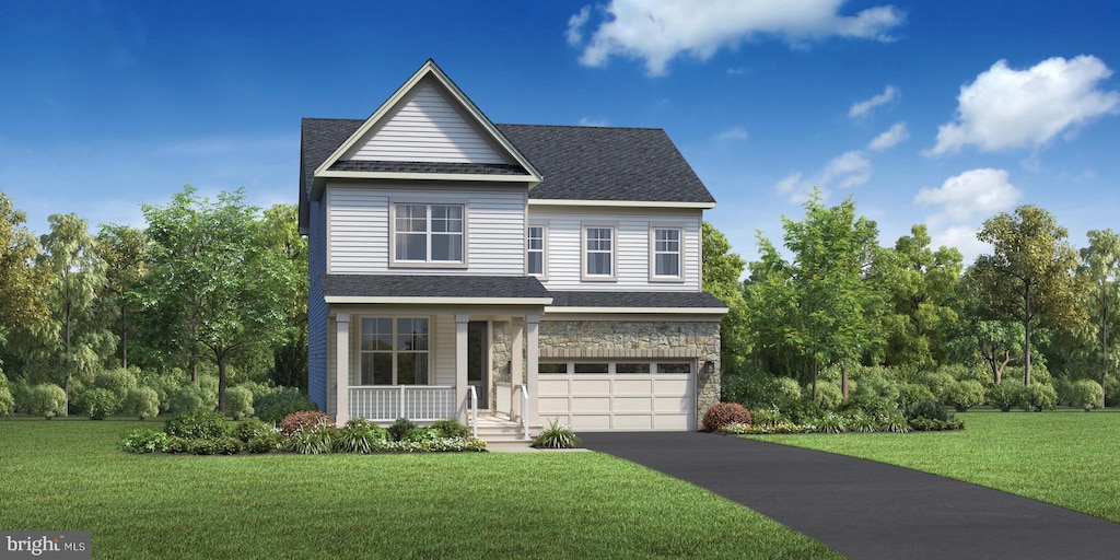 view of front facade with driveway, roof with shingles, an attached garage, a front lawn, and stone siding