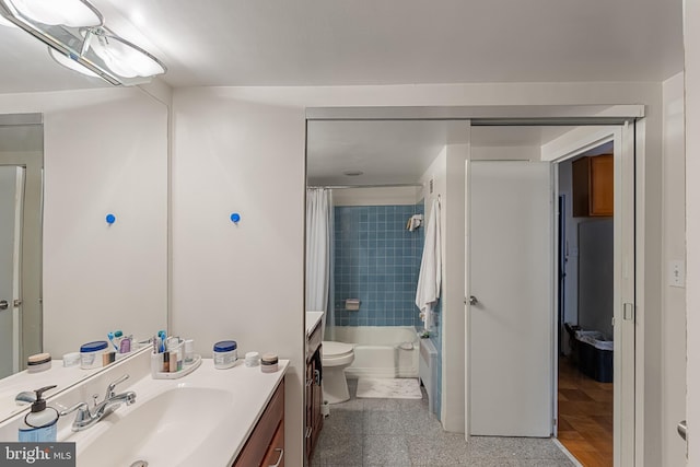 bathroom with toilet, vanity, and shower / tub combo with curtain