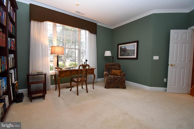 carpeted home office with crown molding, baseboards, and visible vents