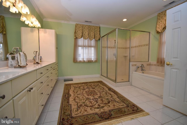 bathroom with tile patterned floors, visible vents, and ornamental molding