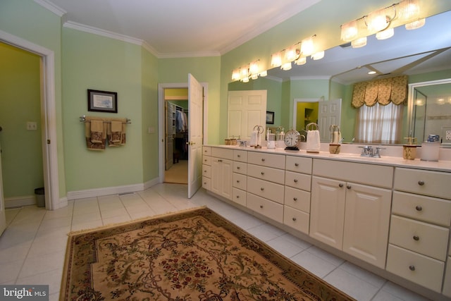 full bath featuring tile patterned floors, crown molding, and baseboards