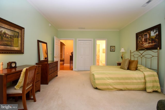 bedroom featuring light carpet, visible vents, a closet, and ornamental molding