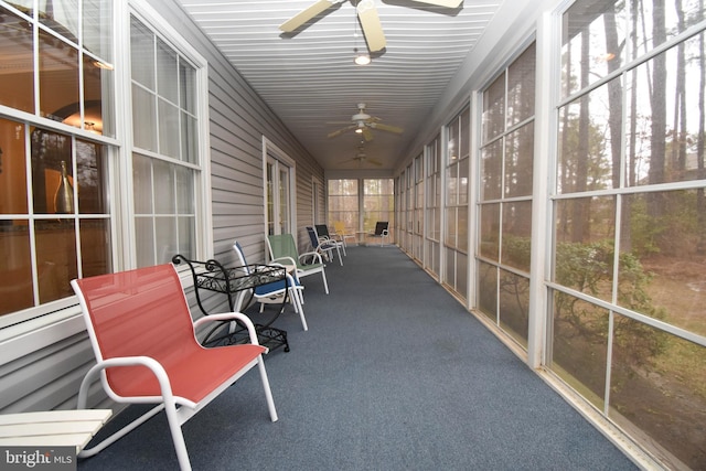 unfurnished sunroom featuring a ceiling fan