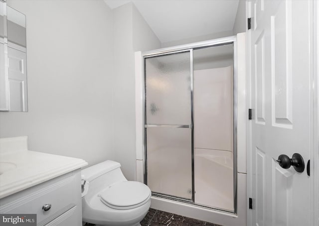 bathroom with vanity, a shower stall, and toilet