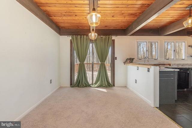 interior space with wood ceiling and carpet flooring